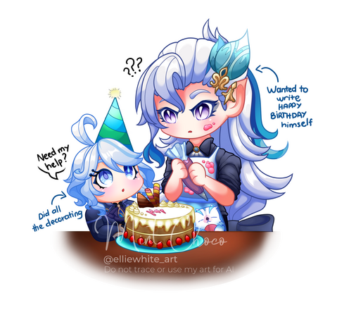 An artwork of the characters Neuvillette and Furina from Genshin Impact by Hoyoverse. This was drawn as a gift for a friend's birthday.