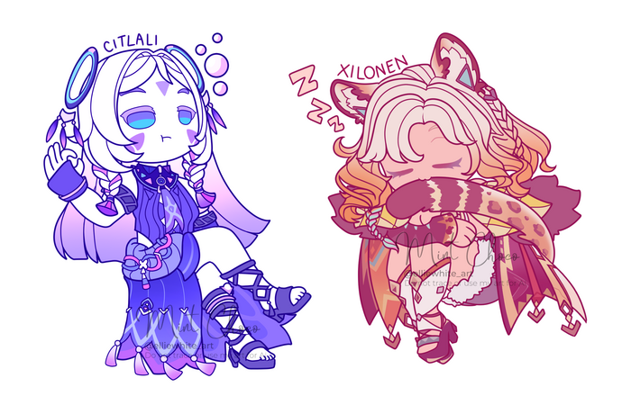 Two stickers of Citlali and Xilonen from Genshin Impact by Hoyoverse, drawn to be submitted to a competition from the same company.